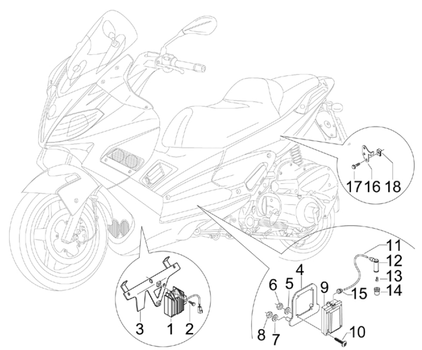 6.06 Regulátor napětí, zapalovací cívka a kabel - Gilera Nexus 300ie 4T LC 2008 (ZAPM35600)