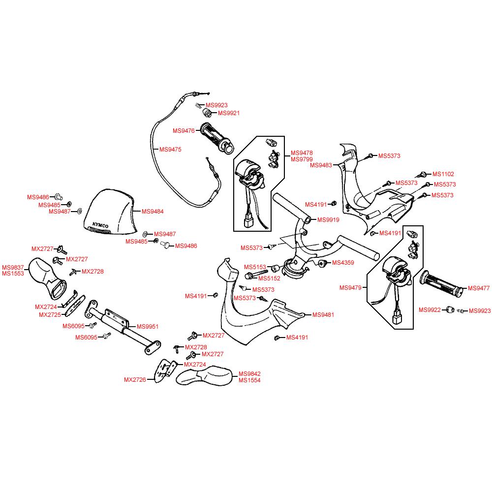 F03 Gripy, zrcátka, řidítka, ovládání a kapotáž - Kymco Yager/Spacer 125 [12 kola] SH25BB