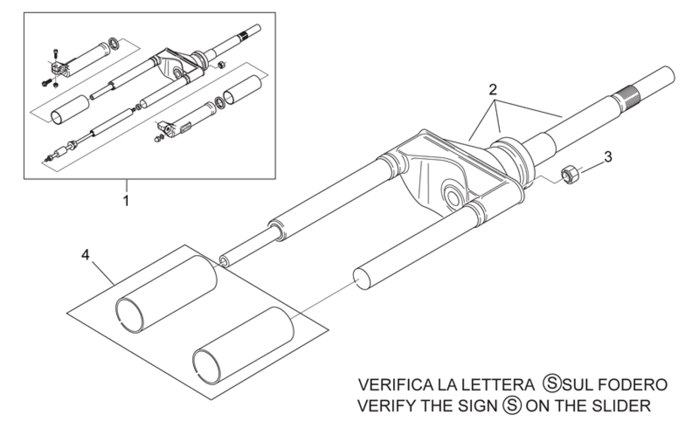 28.03 Přední vidlice - Scarabeo 50 2T (motor Minarelli) 1998 - ZD4PF00/1/2/3, ZD4PFA/B/C/D/E