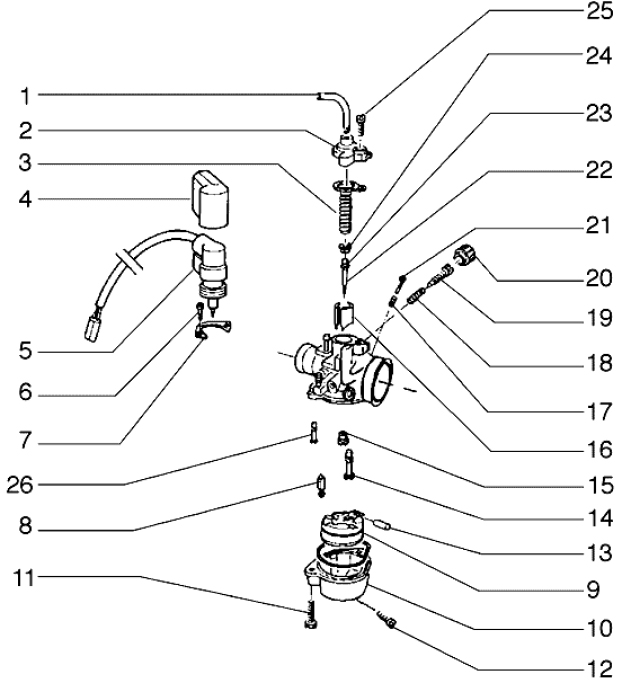 T15 Karburátor (jednotlivé díly) - Gilera Ice 50ccm do 2005 (ZAPC30000...)