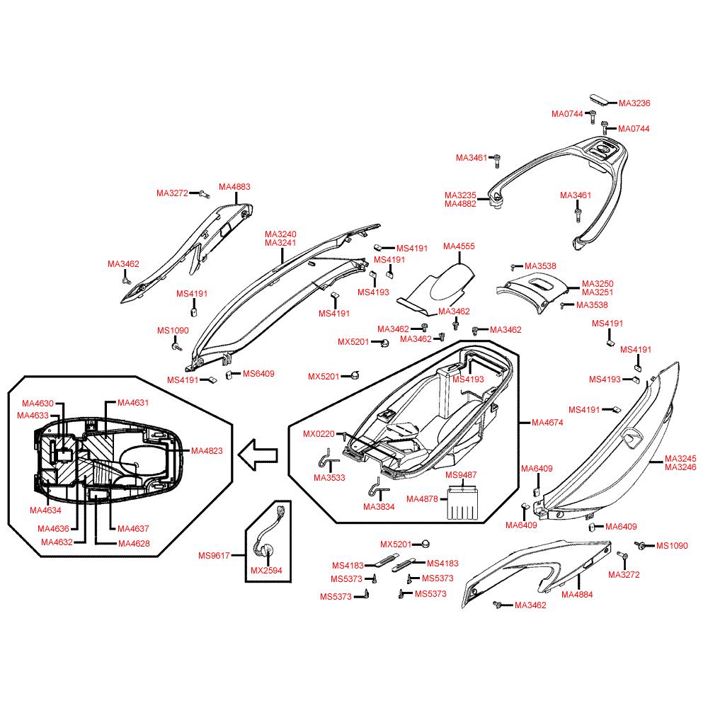 F12 Úložný prostor pro přilbu / Zadní kapotáž - Kymco Xciting 300i R [SB60AB]