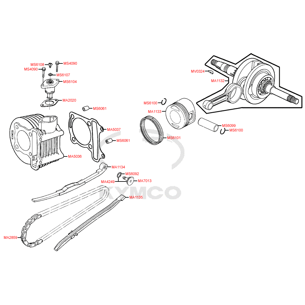 E03 Válec a kliková hřídel pro Kymco Super 8 125 [LC2U82000] (KL25CA) KC125T-B