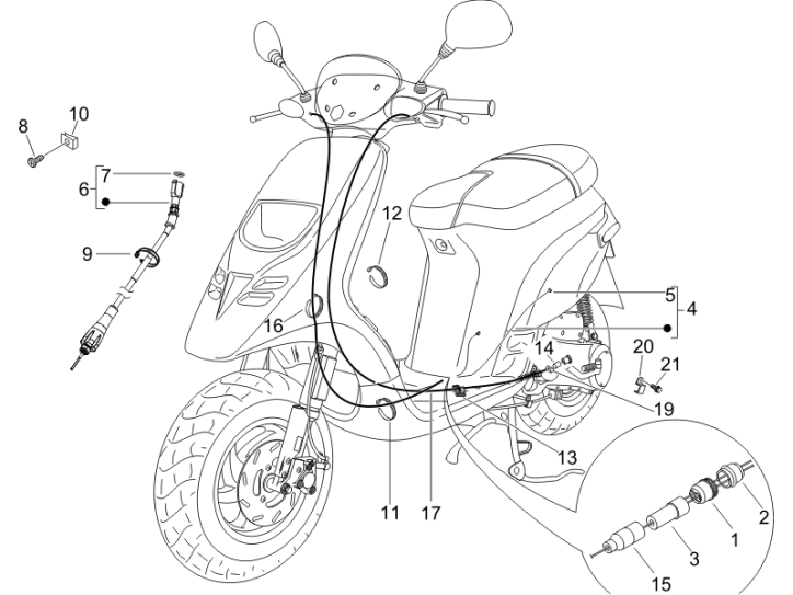 5.03 Brzdové lanko, rozdělovač, lanko k olejovému čerpadlu - Gilera Storm 50 2007 (UK - ZAPC29000)